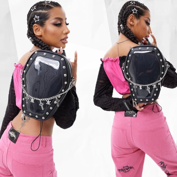 Gothic Coffin Shaped Purse for Women Halloween Shoulder Bag and Backpack - Picture 2 of 9